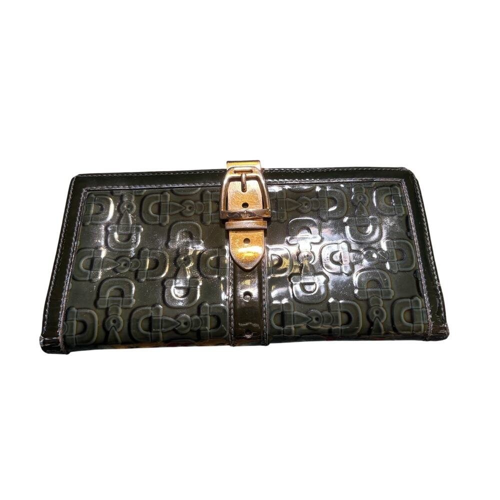 Gucci Blue Gray Patent Leather wallet with metal buckle clasp